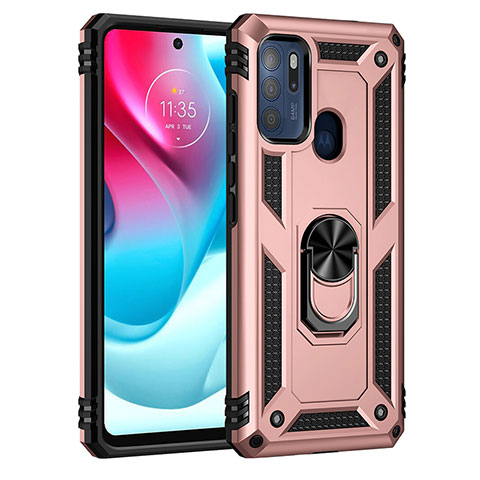 Funda Bumper Silicona y Plastico Mate Carcasa con Magnetico Anillo de dedo Soporte para Motorola Moto G60s Oro Rosa