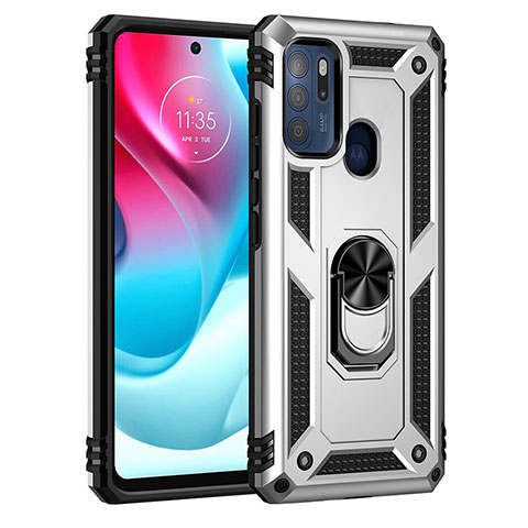 Funda Bumper Silicona y Plastico Mate Carcasa con Magnetico Anillo de dedo Soporte para Motorola Moto G60s Plata