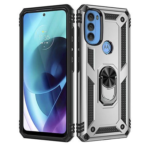 Funda Bumper Silicona y Plastico Mate Carcasa con Magnetico Anillo de dedo Soporte para Motorola Moto G71 5G Plata