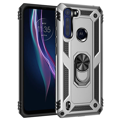 Funda Bumper Silicona y Plastico Mate Carcasa con Magnetico Anillo de dedo Soporte para Motorola Moto One Fusion Plata