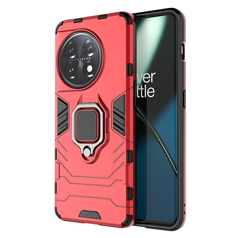 Funda Bumper Silicona y Plastico Mate Carcasa con Magnetico Anillo de dedo Soporte para OnePlus 11 5G Rojo