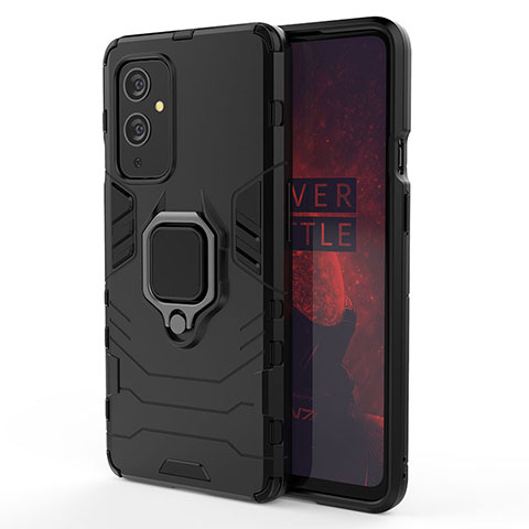 Funda Bumper Silicona y Plastico Mate Carcasa con Magnetico Anillo de dedo Soporte para OnePlus 9 5G Negro