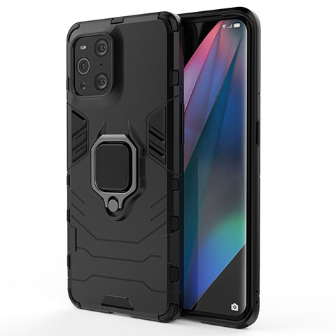 Funda Bumper Silicona y Plastico Mate Carcasa con Magnetico Anillo de dedo Soporte para Oppo Find X3 5G Negro