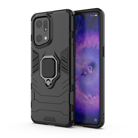 Funda Bumper Silicona y Plastico Mate Carcasa con Magnetico Anillo de dedo Soporte para Oppo Find X5 Pro 5G Negro