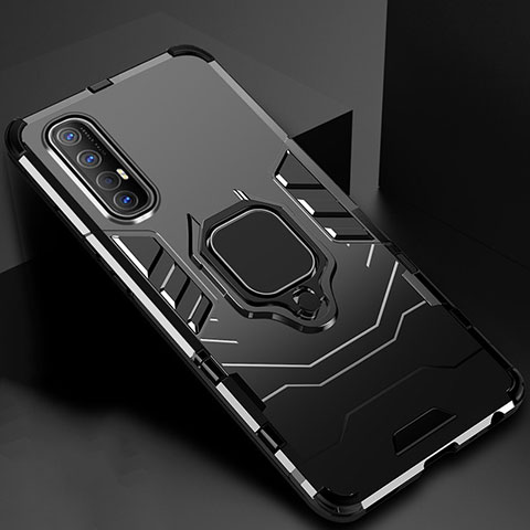 Funda Bumper Silicona y Plastico Mate Carcasa con Magnetico Anillo de dedo Soporte para Oppo Reno3 Pro Negro