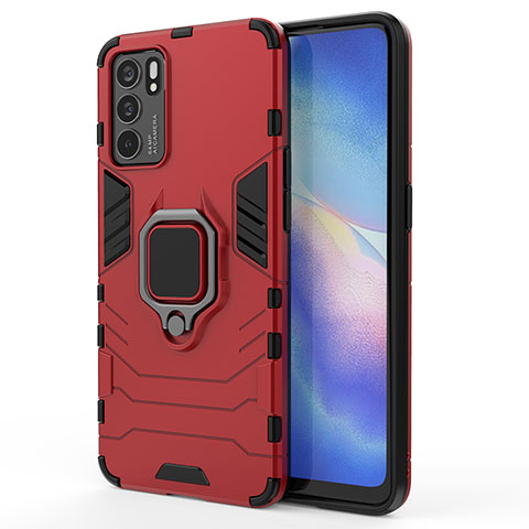 Funda Bumper Silicona y Plastico Mate Carcasa con Magnetico Anillo de dedo Soporte para Oppo Reno6 5G Rojo