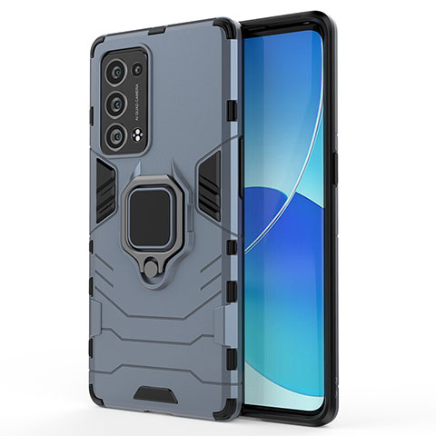 Funda Bumper Silicona y Plastico Mate Carcasa con Magnetico Anillo de dedo Soporte para Oppo Reno6 Pro 5G Azul