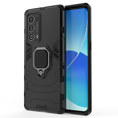 Funda Bumper Silicona y Plastico Mate Carcasa con Magnetico Anillo de dedo Soporte para Oppo Reno6 Pro 5G Negro