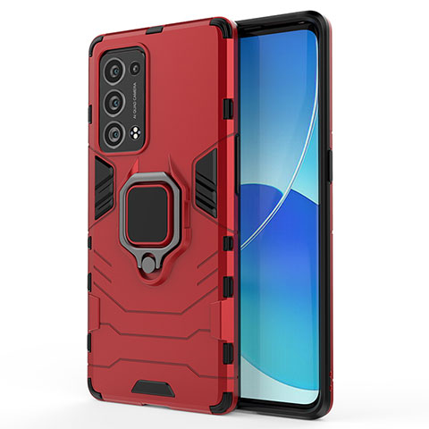 Funda Bumper Silicona y Plastico Mate Carcasa con Magnetico Anillo de dedo Soporte para Oppo Reno6 Pro 5G Rojo