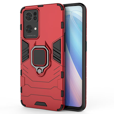 Funda Bumper Silicona y Plastico Mate Carcasa con Magnetico Anillo de dedo Soporte para Oppo Reno7 Pro 5G Rojo