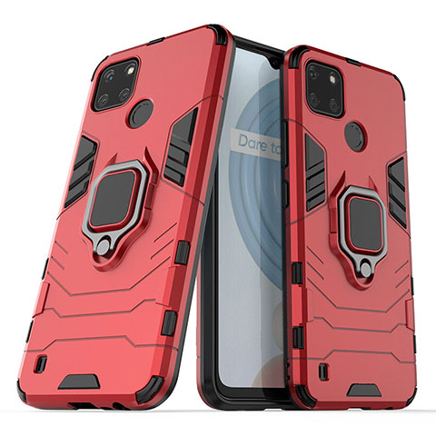 Funda Bumper Silicona y Plastico Mate Carcasa con Magnetico Anillo de dedo Soporte para Realme C21Y Rojo