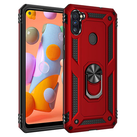 Funda Bumper Silicona y Plastico Mate Carcasa con Magnetico Anillo de dedo Soporte para Samsung Galaxy A11 Rojo