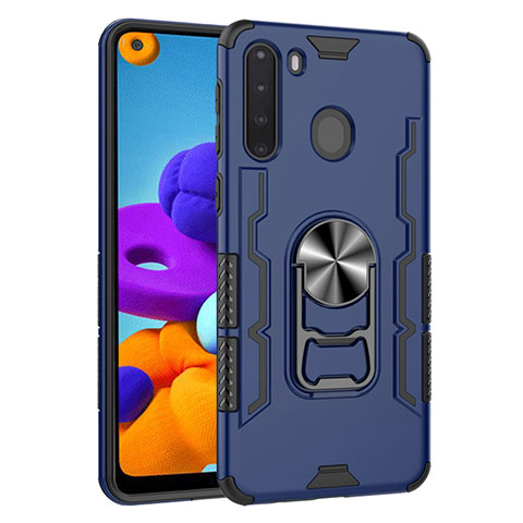 Funda Bumper Silicona y Plastico Mate Carcasa con Magnetico Anillo de dedo Soporte para Samsung Galaxy A21 Azul