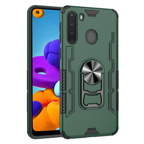 Funda Bumper Silicona y Plastico Mate Carcasa con Magnetico Anillo de dedo Soporte para Samsung Galaxy A21 Verde Noche