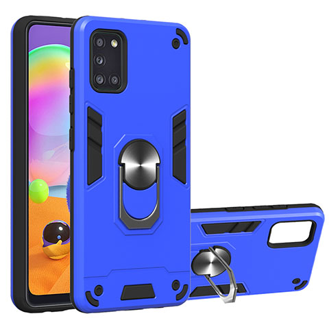 Funda Bumper Silicona y Plastico Mate Carcasa con Magnetico Anillo de dedo Soporte para Samsung Galaxy A31 Azul Cielo