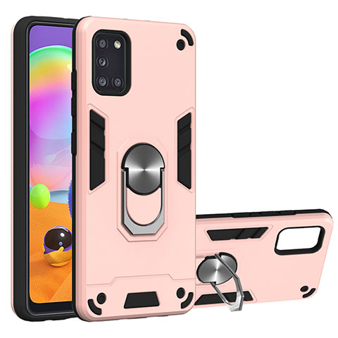 Funda Bumper Silicona y Plastico Mate Carcasa con Magnetico Anillo de dedo Soporte para Samsung Galaxy A31 Oro Rosa