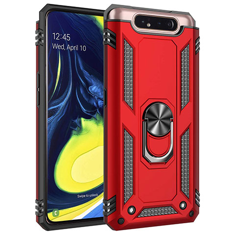 Funda Bumper Silicona y Plastico Mate Carcasa con Magnetico Anillo de dedo Soporte para Samsung Galaxy A80 Rojo