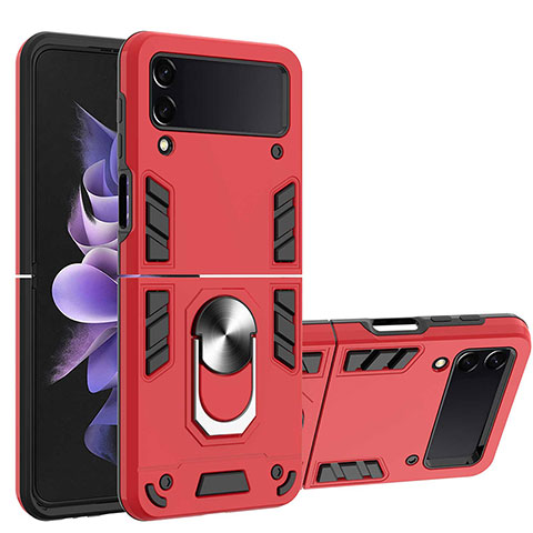 Funda Bumper Silicona y Plastico Mate Carcasa con Magnetico Anillo de dedo Soporte para Samsung Galaxy Z Flip3 5G Rojo