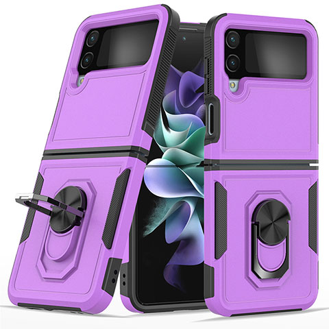 Funda Bumper Silicona y Plastico Mate Carcasa con Magnetico Anillo de dedo Soporte para Samsung Galaxy Z Flip4 5G Morado