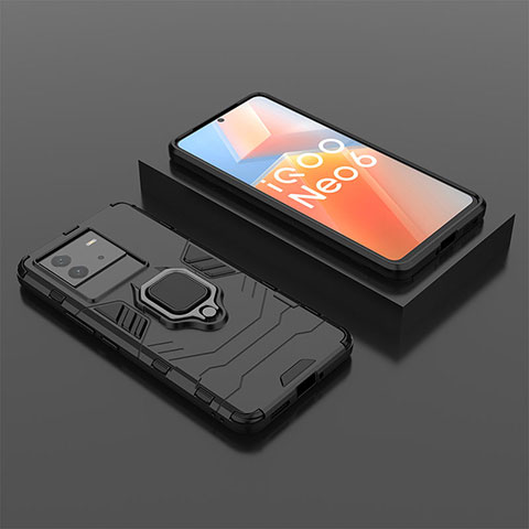 Funda Bumper Silicona y Plastico Mate Carcasa con Magnetico Anillo de dedo Soporte para Vivo iQOO Neo6 SE 5G Negro