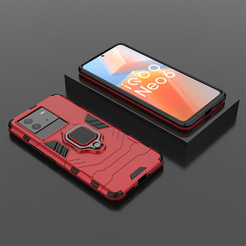 Funda Bumper Silicona y Plastico Mate Carcasa con Magnetico Anillo de dedo Soporte para Vivo iQOO Neo6 SE 5G Rojo