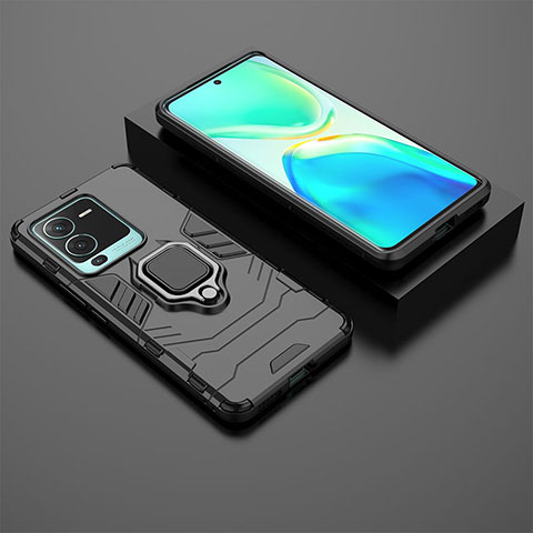 Funda Bumper Silicona y Plastico Mate Carcasa con Magnetico Anillo de dedo Soporte para Vivo V25 Pro 5G Negro