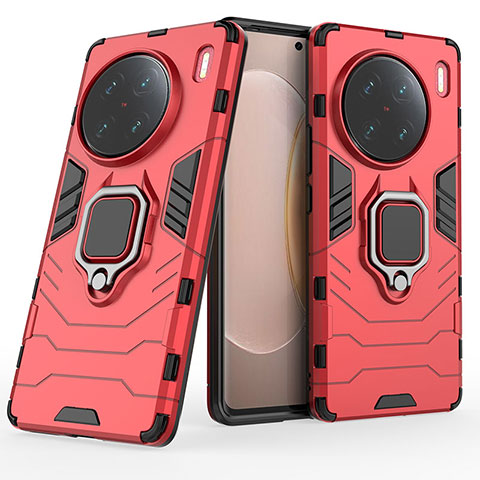 Funda Bumper Silicona y Plastico Mate Carcasa con Magnetico Anillo de dedo Soporte para Vivo X90 Pro+ Plus 5G Rojo