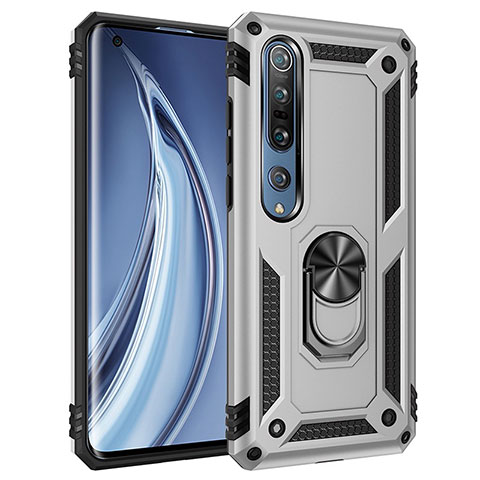 Funda Bumper Silicona y Plastico Mate Carcasa con Magnetico Anillo de dedo Soporte para Xiaomi Mi 10 Pro Plata