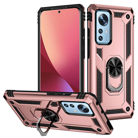 Funda Bumper Silicona y Plastico Mate Carcasa con Magnetico Anillo de dedo Soporte para Xiaomi Mi 12 Pro 5G Oro Rosa