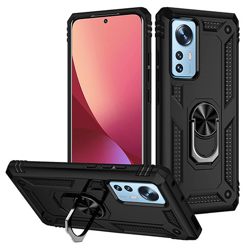 Funda Bumper Silicona y Plastico Mate Carcasa con Magnetico Anillo de dedo Soporte para Xiaomi Mi 12S Pro 5G Negro