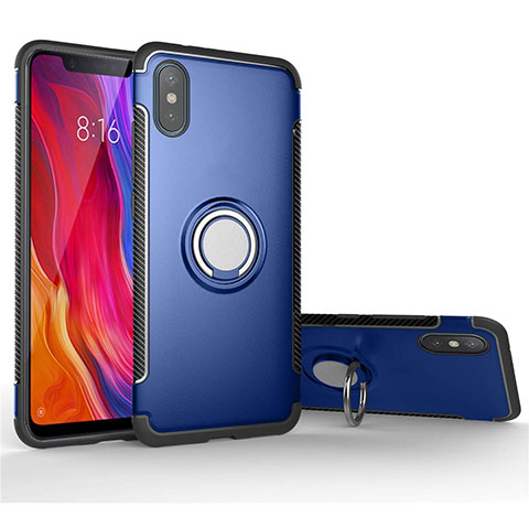 Funda Bumper Silicona y Plastico Mate Carcasa con Magnetico Anillo de dedo Soporte para Xiaomi Mi 8 Pro Global Version Azul