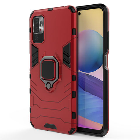 Funda Bumper Silicona y Plastico Mate Carcasa con Magnetico Anillo de dedo Soporte para Xiaomi POCO M3 Pro 5G Rojo