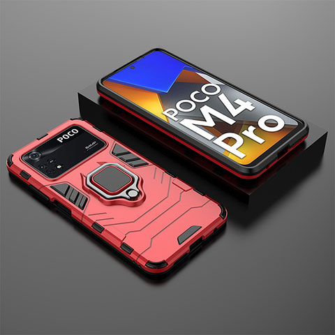 Funda Bumper Silicona y Plastico Mate Carcasa con Magnetico Anillo de dedo Soporte para Xiaomi Poco M4 Pro 4G Rojo