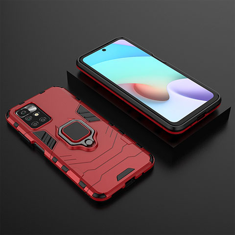 Funda Bumper Silicona y Plastico Mate Carcasa con Magnetico Anillo de dedo Soporte para Xiaomi Redmi 10 (2022) Rojo