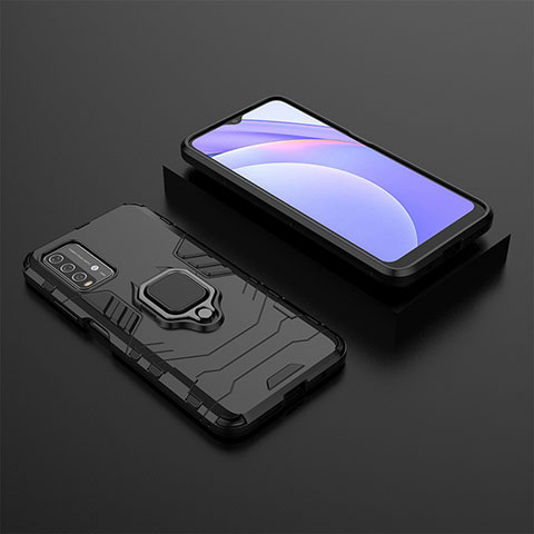 Funda Bumper Silicona y Plastico Mate Carcasa con Magnetico Anillo de dedo Soporte para Xiaomi Redmi 9T 4G Negro