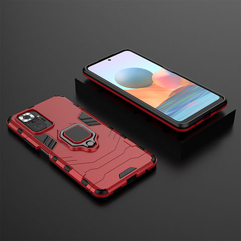 Funda Bumper Silicona y Plastico Mate Carcasa con Magnetico Anillo de dedo Soporte para Xiaomi Redmi Note 10 Pro 4G Rojo