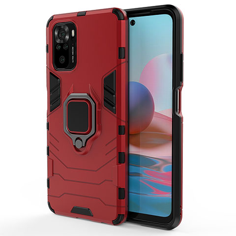 Funda Bumper Silicona y Plastico Mate Carcasa con Magnetico Anillo de dedo Soporte para Xiaomi Redmi Note 10S 4G Rojo