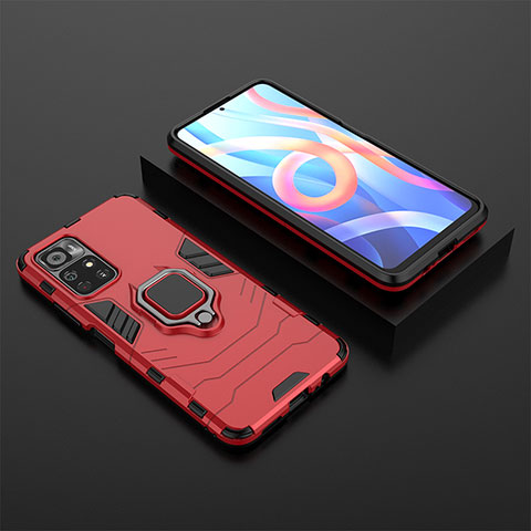 Funda Bumper Silicona y Plastico Mate Carcasa con Magnetico Anillo de dedo Soporte para Xiaomi Redmi Note 11 5G Rojo