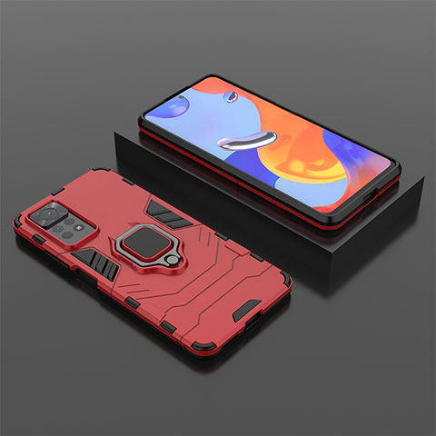 Funda Bumper Silicona y Plastico Mate Carcasa con Magnetico Anillo de dedo Soporte para Xiaomi Redmi Note 11 Pro 5G Rojo