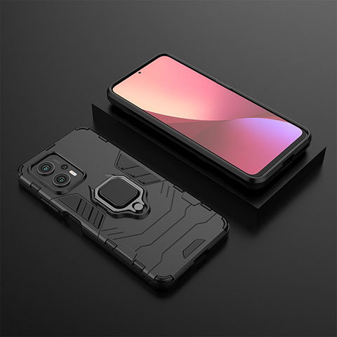 Funda Bumper Silicona y Plastico Mate Carcasa con Magnetico Anillo de dedo Soporte para Xiaomi Redmi Note 11T Pro+ Plus 5G Negro