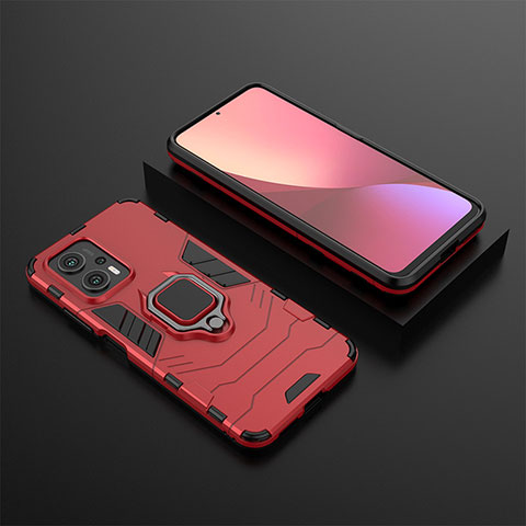 Funda Bumper Silicona y Plastico Mate Carcasa con Magnetico Anillo de dedo Soporte para Xiaomi Redmi Note 11T Pro+ Plus 5G Rojo