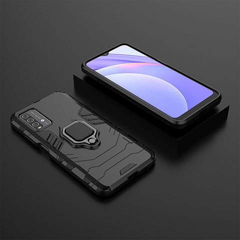 Funda Bumper Silicona y Plastico Mate Carcasa con Magnetico Anillo de dedo Soporte para Xiaomi Redmi Note 9 4G Negro