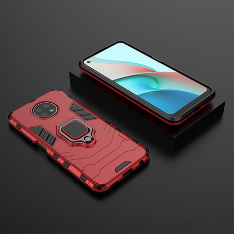 Funda Bumper Silicona y Plastico Mate Carcasa con Magnetico Anillo de dedo Soporte para Xiaomi Redmi Note 9T 5G Rojo