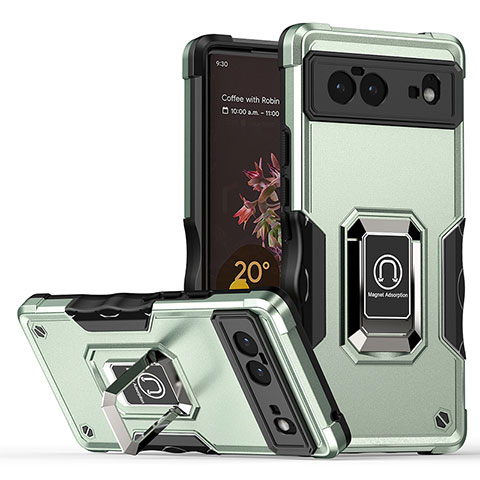 Funda Bumper Silicona y Plastico Mate Carcasa con Magnetico Anillo de dedo Soporte QW1 para Google Pixel 6 5G Menta Verde