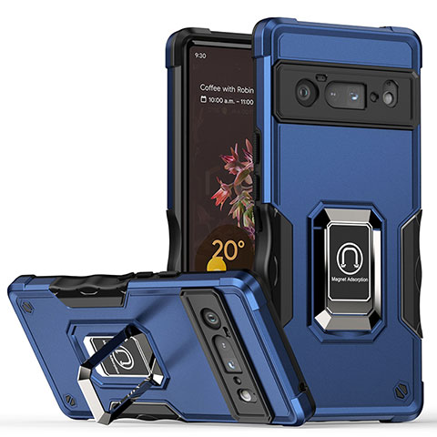 Funda Bumper Silicona y Plastico Mate Carcasa con Magnetico Anillo de dedo Soporte QW1 para Google Pixel 6 Pro 5G Azul