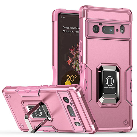 Funda Bumper Silicona y Plastico Mate Carcasa con Magnetico Anillo de dedo Soporte QW1 para Google Pixel 6 Pro 5G Rosa