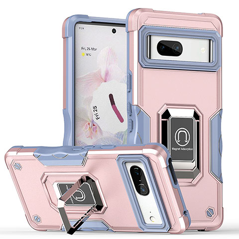 Funda Bumper Silicona y Plastico Mate Carcasa con Magnetico Anillo de dedo Soporte QW1 para Google Pixel 7 5G Oro Rosa