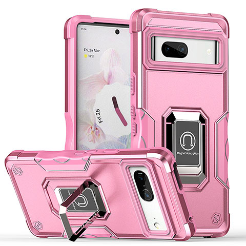 Funda Bumper Silicona y Plastico Mate Carcasa con Magnetico Anillo de dedo Soporte QW1 para Google Pixel 7 5G Rosa