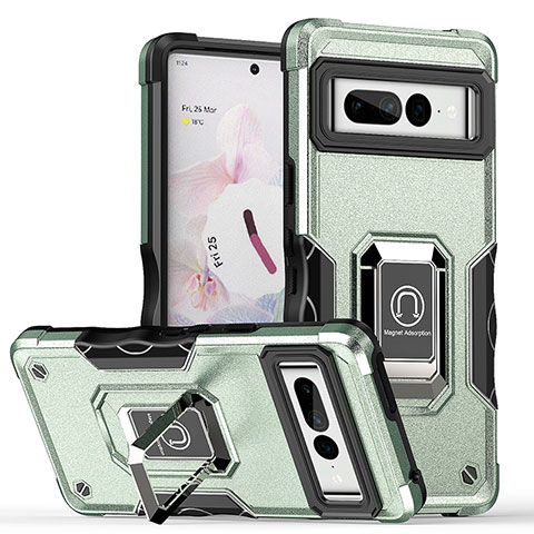 Funda Bumper Silicona y Plastico Mate Carcasa con Magnetico Anillo de dedo Soporte QW1 para Google Pixel 7 Pro 5G Menta Verde