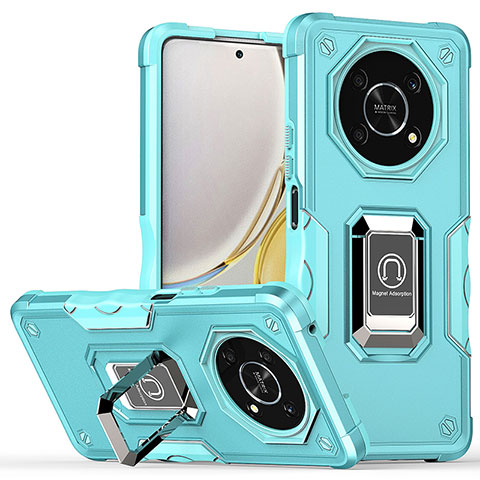 Funda Bumper Silicona y Plastico Mate Carcasa con Magnetico Anillo de dedo Soporte QW1 para Huawei Honor X9 5G Azul Claro